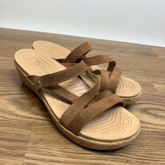 Crocs A-Leigh Cork Wedge Rawhide Brown Leather Strappy Sandals Women's Size 7 - Picture 1 of 11